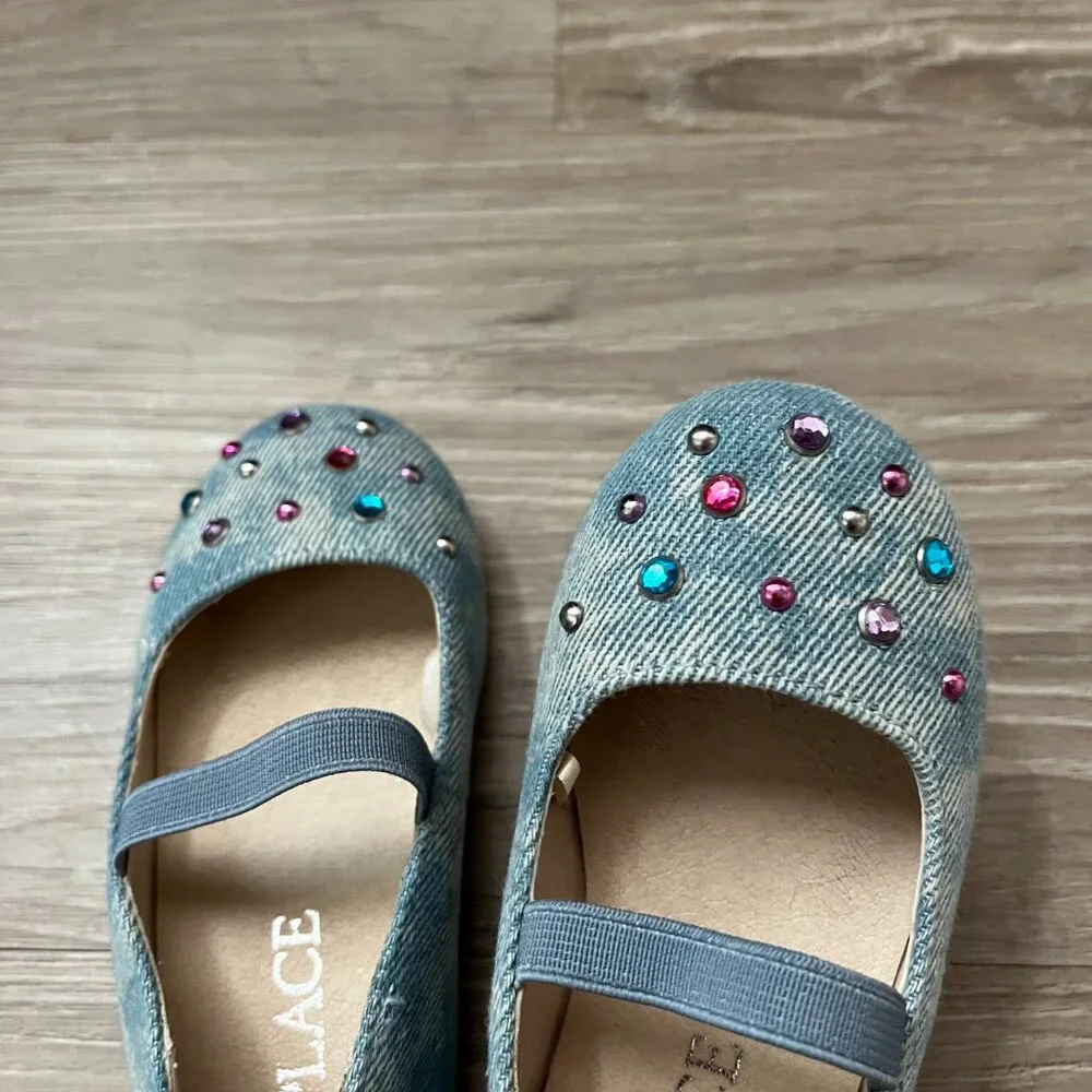 The Children's Place Girls Denim Slip-on Ballet Flat Shoes Jeweled Toddler Sz 5